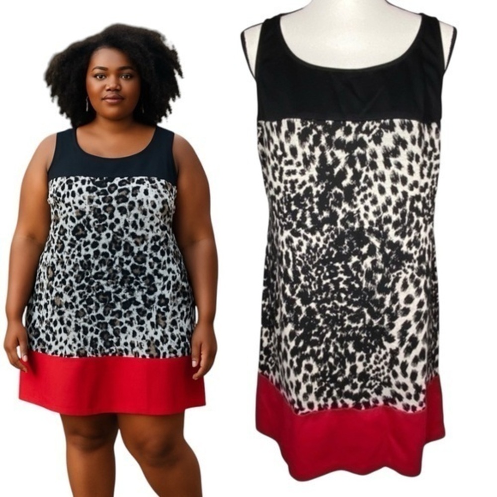 Lane Bryant Sheath Dress Color Block Black Red Cheetah Print Sleeveless